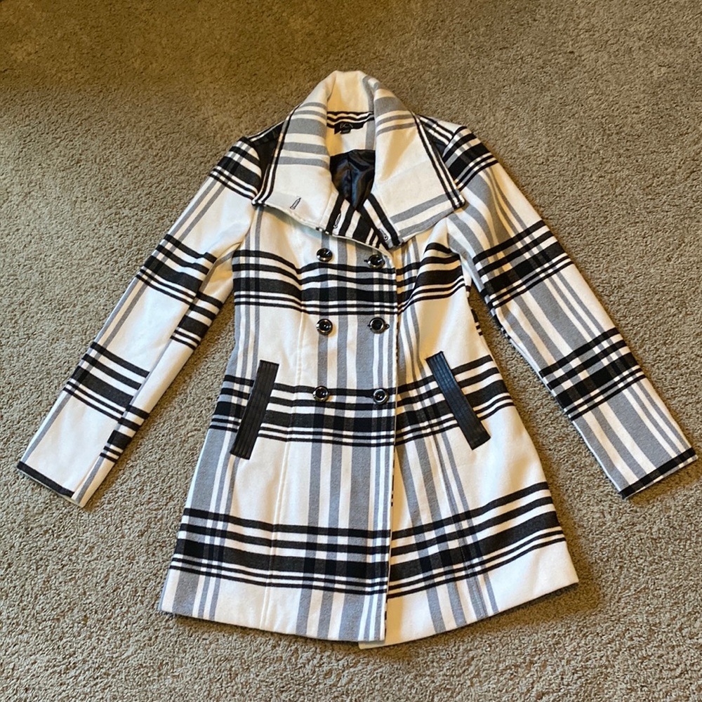 BCX Black and White Plaid Pea Coat